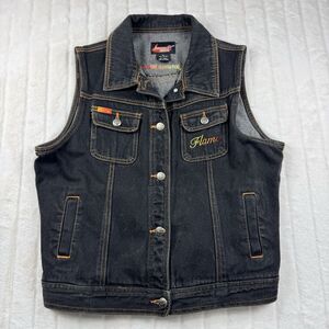 VTG Johnny Blaze Denim Jean Vest Women's XL Double Sided Embroidery Flames